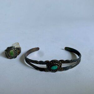 Vintage Sterling Silver Arrow Stamped Turquoise Cuff Bracelet & Ring